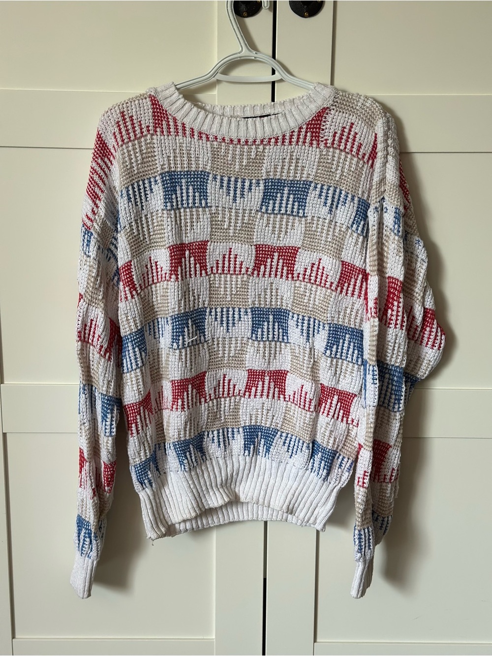 Women’s Cream Knit Cotton Sweater with Red & Blue Pattern
